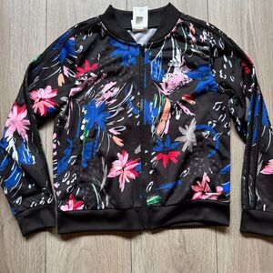 Adidas Girl’s Size 14 L Black Floral Print Track Zip Up Jacket Track Jacket
